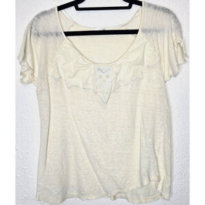 Zara Womens T Shirt Large Ivory Ruffle Embroidered Skull Flutter Sleeve Gauzy